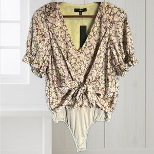 Lulu's Floral V-Neck Bodysuit in Yellow and Purple